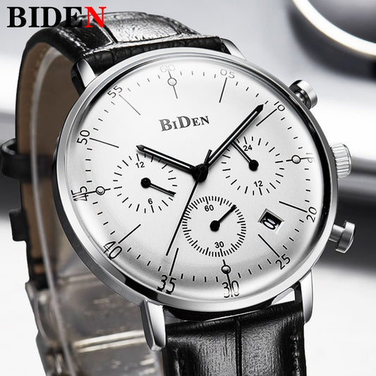 Biden Luxury Watch Men Top Brand Leather Strap Chronograph Waterproof Sports Quartz Wrist Watch Mens Fashion Business Male Clock